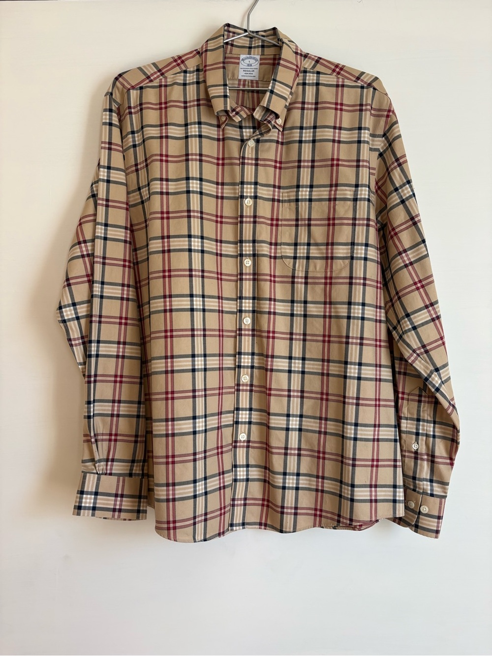 Brooks Brothers Beige Plaid Button-Down Shirt with Navy and Red Windowpane